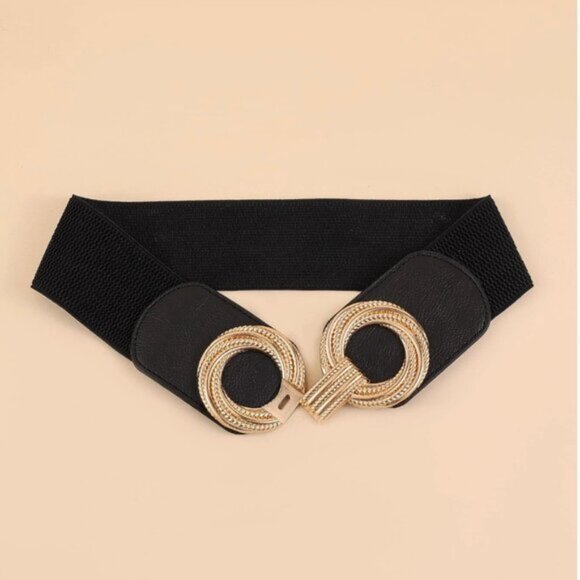 Black Round Buckle Wide Elastic Belt - Picture 2 of 3